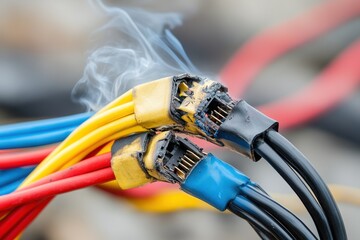 Close-up of frayed and burned electrical wires with smoke, highlighting electrical hazards and fire safety concerns.