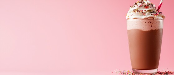 A tall glass of chocolate milkshake with whipped cream and sprinkles