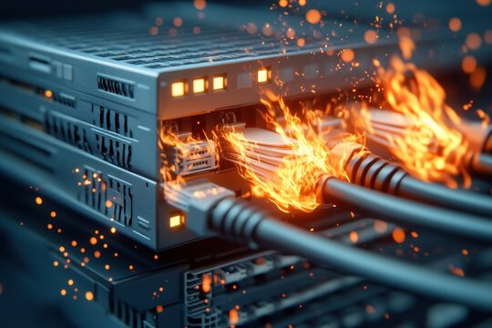 Network server cables ablaze in a server rack, illustrating the risk of data center fires and equipment failure.