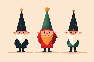 Festive Gnome Characters with Colorful Hats in Minimalist Illustration