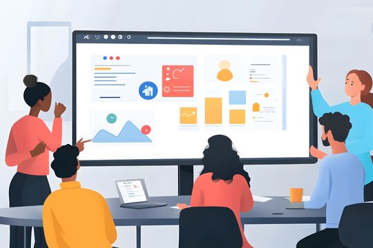 A team collaborating on a social media strategy, reviewing engagement metrics on a large screen