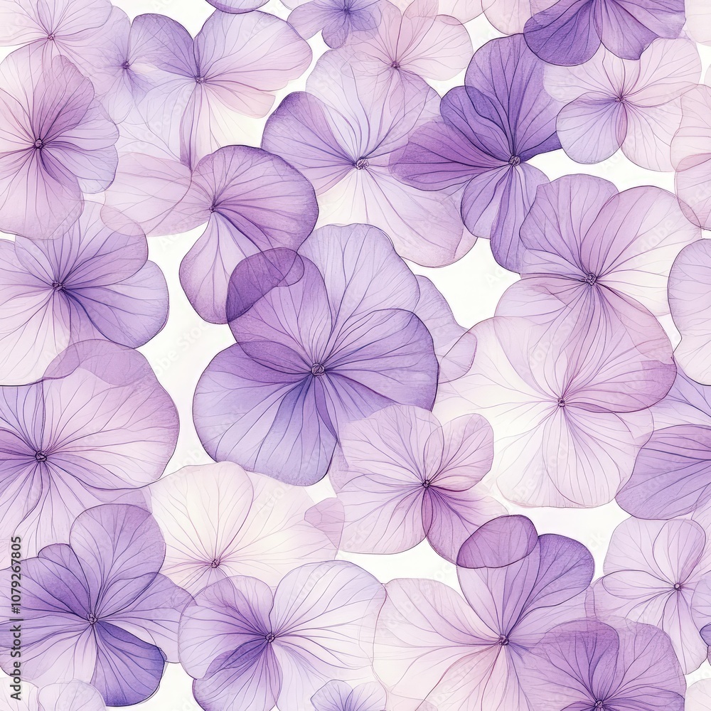 Poster a delicate pattern of translucent purple flowers layered over a white background, creating a soft an