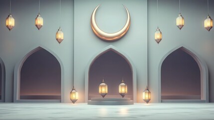 Fototapeta premium A stylized crescent at the top of a minimalist Ramadan card, with glowing lanterns floating below and subtle gray arches in the background.