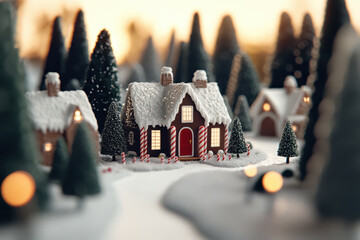Miniature snow-covered Christmas village with gingerbread houses and pine trees in winter holiday scene