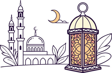 A stylized illustration depicts a mosque with minarets, a crescent moon, and a traditional lantern with intricate details. The scene symbolizes the celebration of Ramadan.