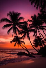 Obraz premium vibrant palm silhouettes serene beach sunset blend purples lush tropical landscape captured stunning detail, orange, clouds, sky, evening, light, reflection