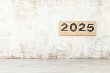 Minimalistic 2025 Wooden Plaque on Rustic Wall Background