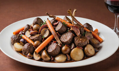 Fototapeta premium A plate of beef bourguignon with carrots, mushrooms, and pearl onions is ready to serve