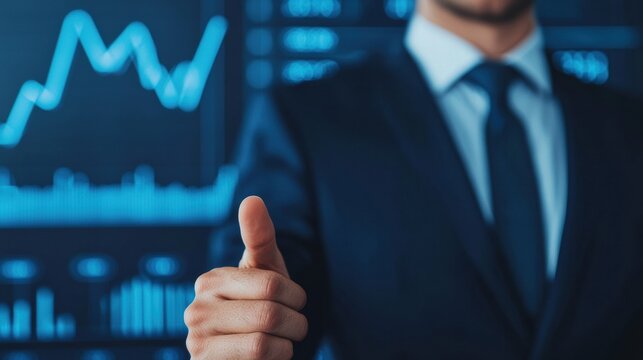 Businessman showing thumbs up with increasing graph in background - Powered by Adobe