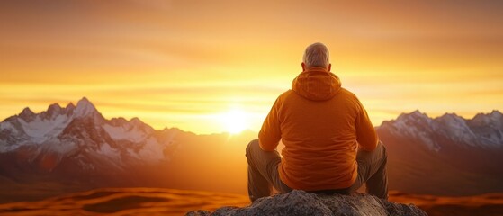 A man sitting on top of a mountain looking at the sunset