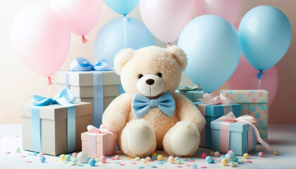A plush teddy bear with a blue bow tie sits among pastel-colored gift boxes and balloons, creating a joyful, festive scene for celebrations. Generative AI.
