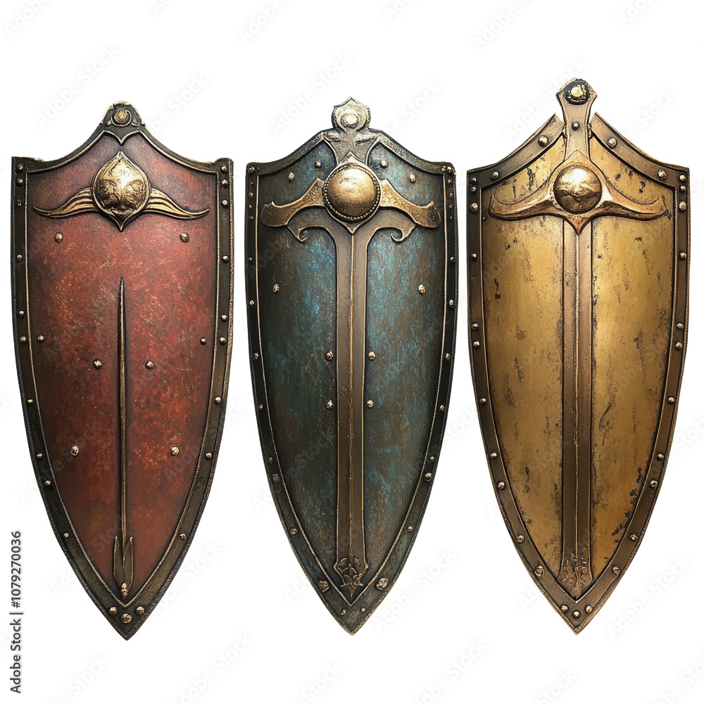 Poster medieval knight shields on a transparent background highlight unique designs and colors for history,