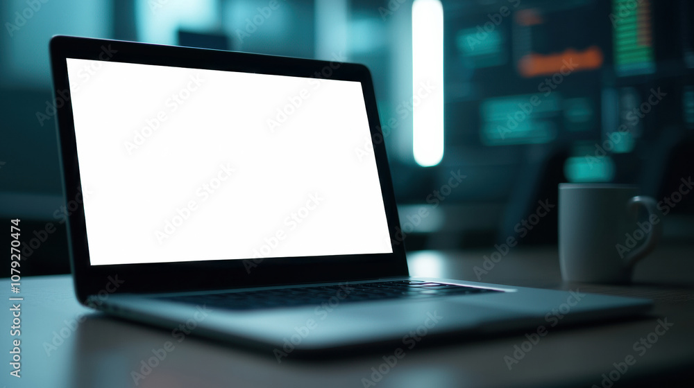 Poster laptop with blank screen showing potential for creativity and innovation in digital workspace