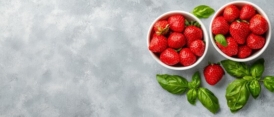 A bowl of strawberries and a bowl of basil on a gray background