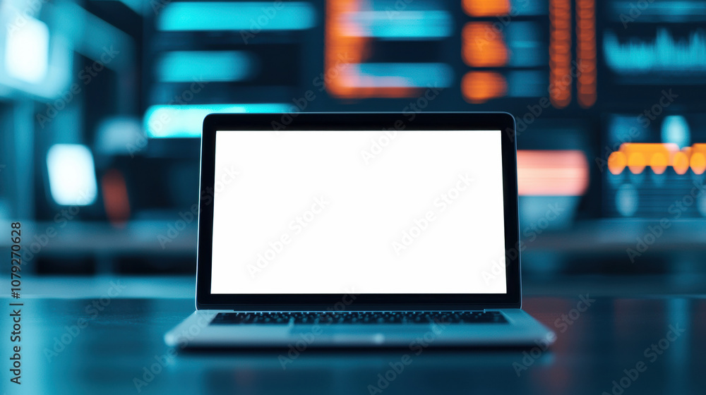 Poster laptop with blank screen showing potential for creativity and innovation in digital workspace
