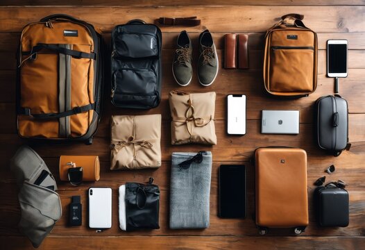 flat lay display travel gear luggage essentials adventures featuring travel packing accessories inviting arrangement, suitcase, backpack, toiletry, bag - Powered by Adobe