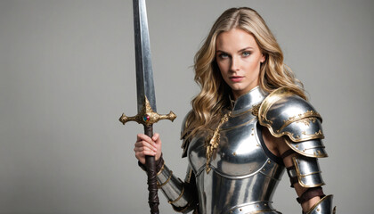 A woman in full armor holds a sword in front of a gray background