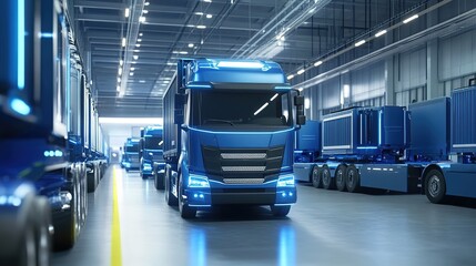 Electric truck fleet logistics facility industrial photography modern environment wide-angle view sustainable transport