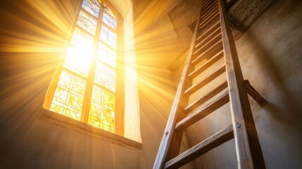 Obraz premium Sunlight streaming through a window illuminating a wooden ladder.