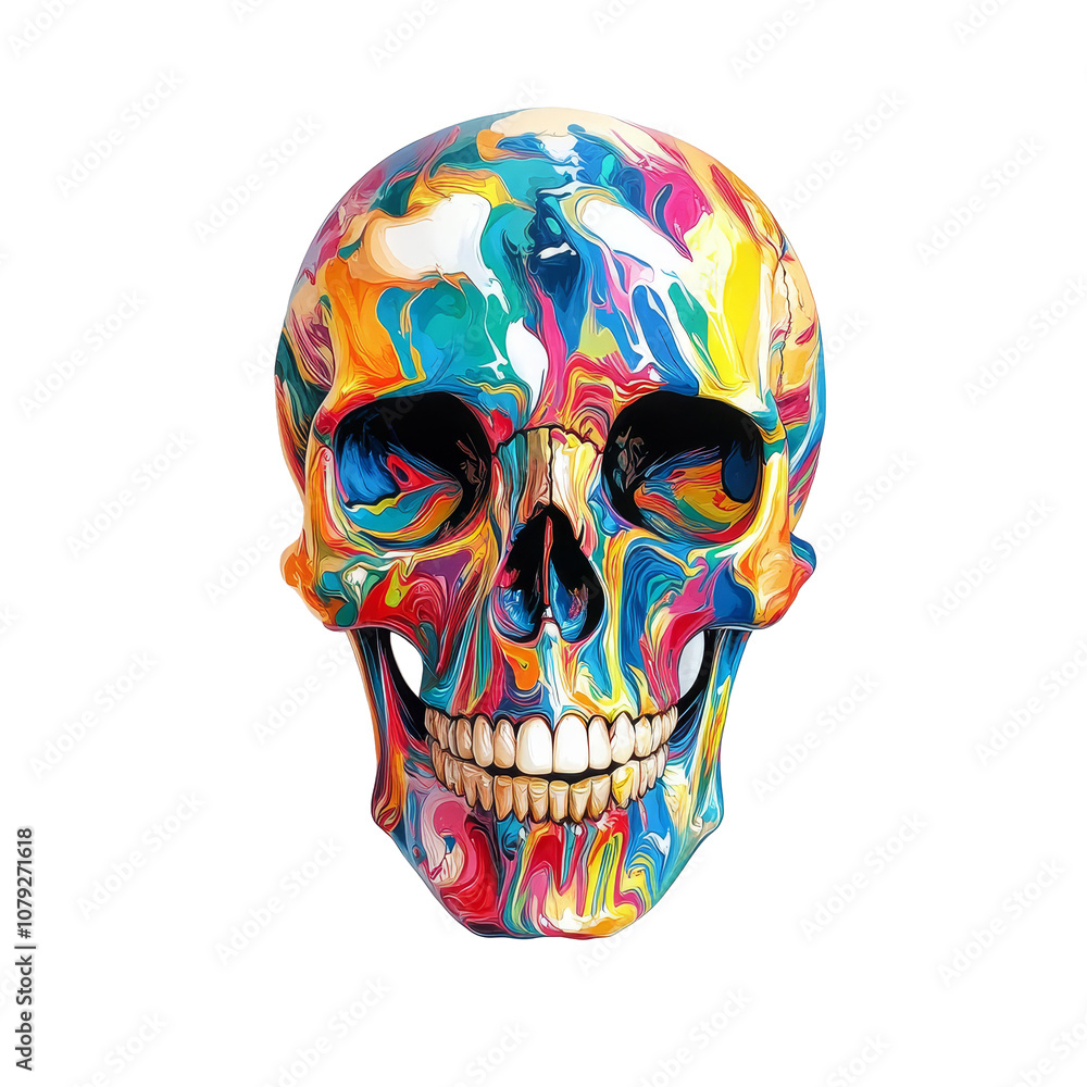 Poster colorful artistic skull design on a transparent background showcasing vibrant patterns and intricate