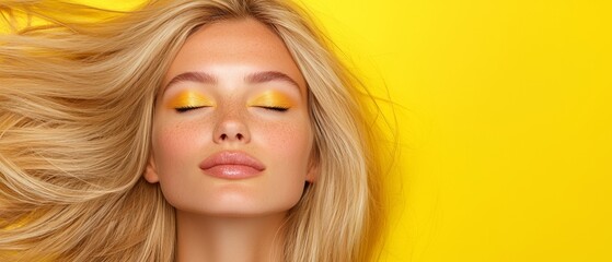 Fototapeta premium A woman with long blonde hair and yellow eyeshadow