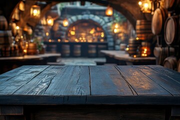 Obraz premium Dark Wooden Table with Blurred Western Bar Background – Realistic Photograph for Product Display