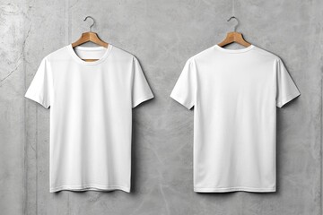 Blank White T-Shirt Front and Back on Concrete Background.