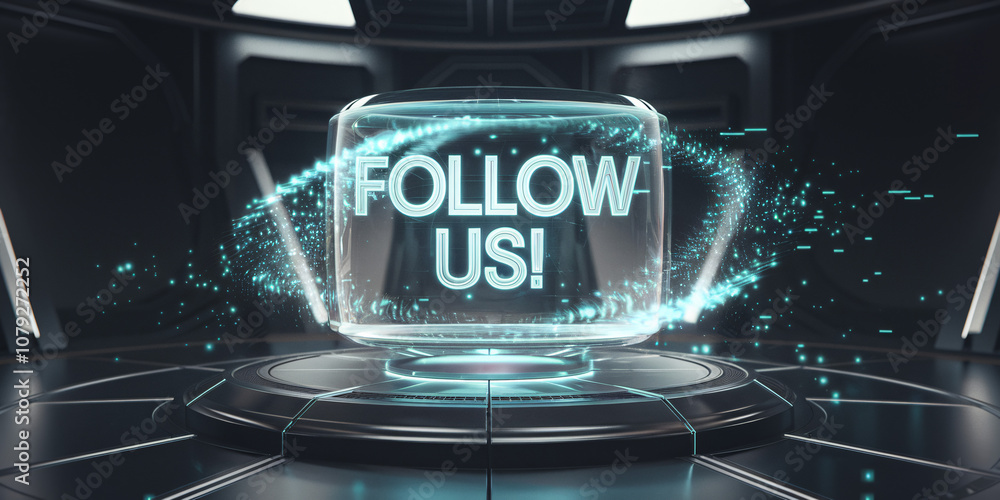 Poster futuristic holographic 'follow us!' text glowing within a glass-like enclosure, surrounded by swirli