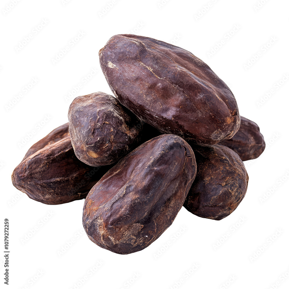 Poster dried cocoa beans stacked on a transparent background showcasing their rich brown color and unique t