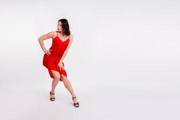 Full length photo of fancy graceful lady wear red dress dancing latino erotic moves blank space...
