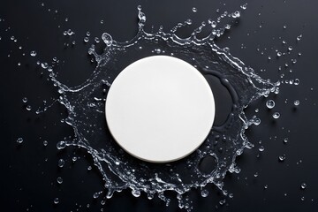 Round white coaster mockup on black wet surface.