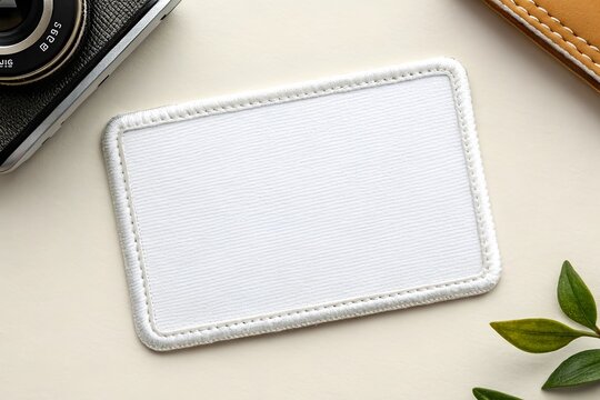 Blank rectangular fabric patch mockup with stitched border on white background, perfect for branding design.