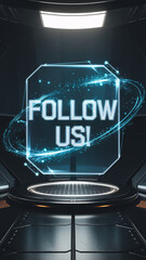 Obraz premium Floating holographic 'FOLLOW US!' text encased in a glowing digital frame, surrounded by swirling particles in a high-tech, futuristic room with a sci-fi aesthetic.