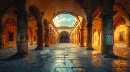Fototapeta premium A long, arched hallway with columns and a skylight view.