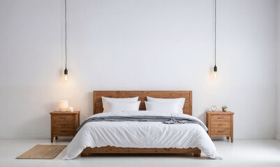 A white bed with a wooden headboard and two hanging lights is made with white sheets, a gray blanket, and two white pillows