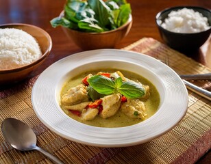 Spicy Thai Green Curry With Tender Chicken Pieces, Coconut Milk, and Fresh Basil, Served With Steamed Jasmine Rice on a Traditional Thai Dinner Table Setting