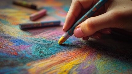 Naklejka premium Close-up of a hand holding a pastel crayon over a partially completed drawing, vibrant colors blending together on the paper. The image focuses on the therapeutic act of coloring