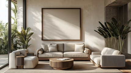 Poster und Bilderrahmen Mockup im modernen Wohnzimmer – fotorealistisches 3D-Rendering für Bildplatzierung