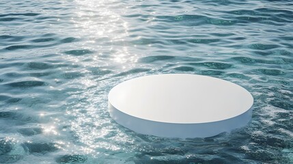 White podium floating on calm blue water with sunlight reflection.