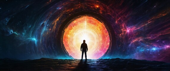 Silhouette of a person entering to the Star gate portal surrounded by energy of different colours, sci fi fantasy art horizontal background	