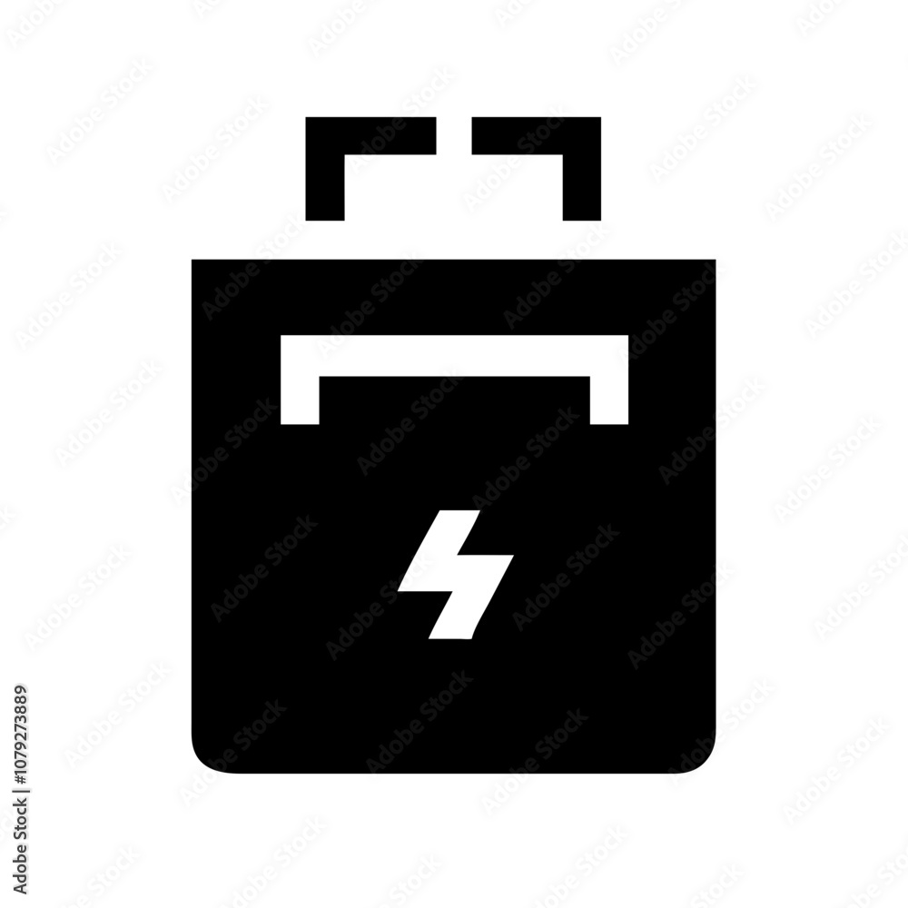 Poster vector icon representing a simple black battery design with a lightning bolt symbol, commonly used f