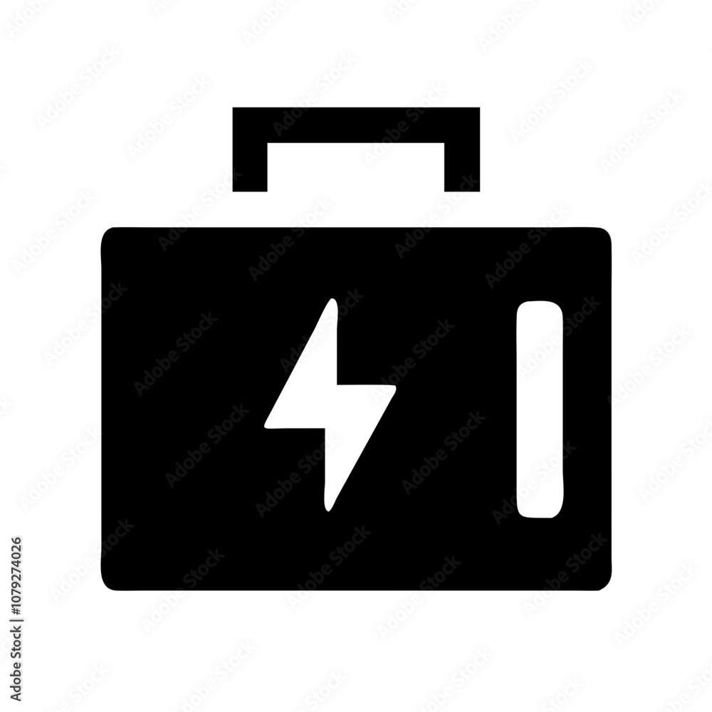 Poster a vector icon representing a portable battery with a lightning bolt design, commonly used to symboli