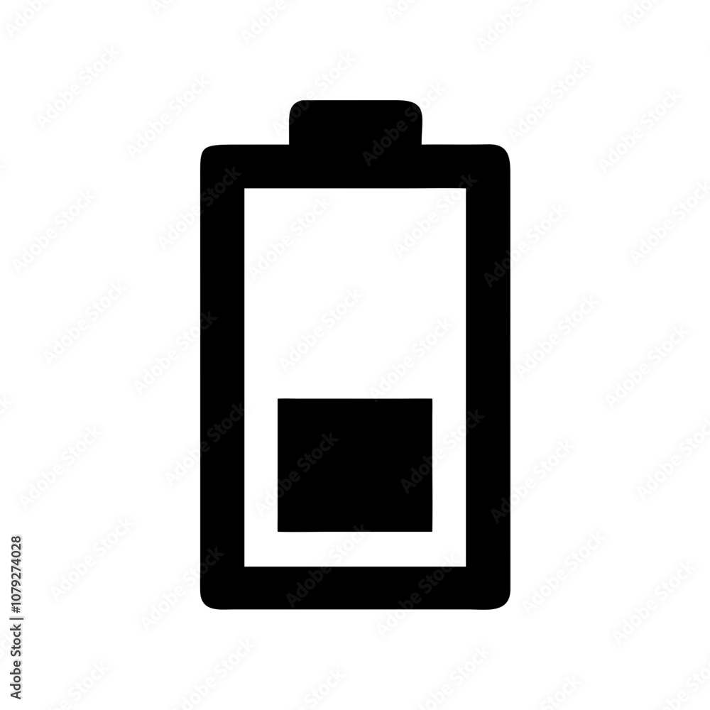 Poster simple black vector icon depicting a battery with a low charge level, commonly used in digital desig