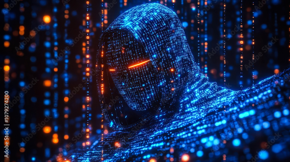 Poster cybersecurity ai: blue digital hacker with binary code and threat detection