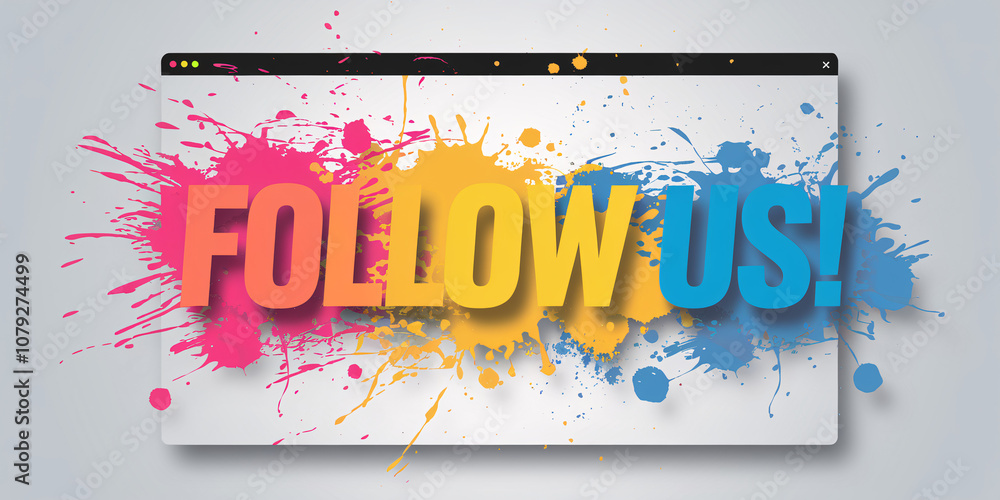 Poster 'follow us!' displayed with a vibrant splash of paint colors across a browser window, creating a vis