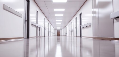 Naklejka premium A modern hospital hallway with sleek, polished floors, bright overhead lighting, and minimalistic design, creating a clean and sterile atmosphere.