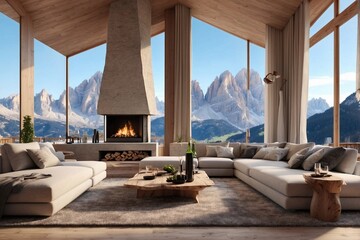 Fototapeta premium Living Room with Cozy Furniture and a Fireplace Offering Stunning Views Through Large Windows