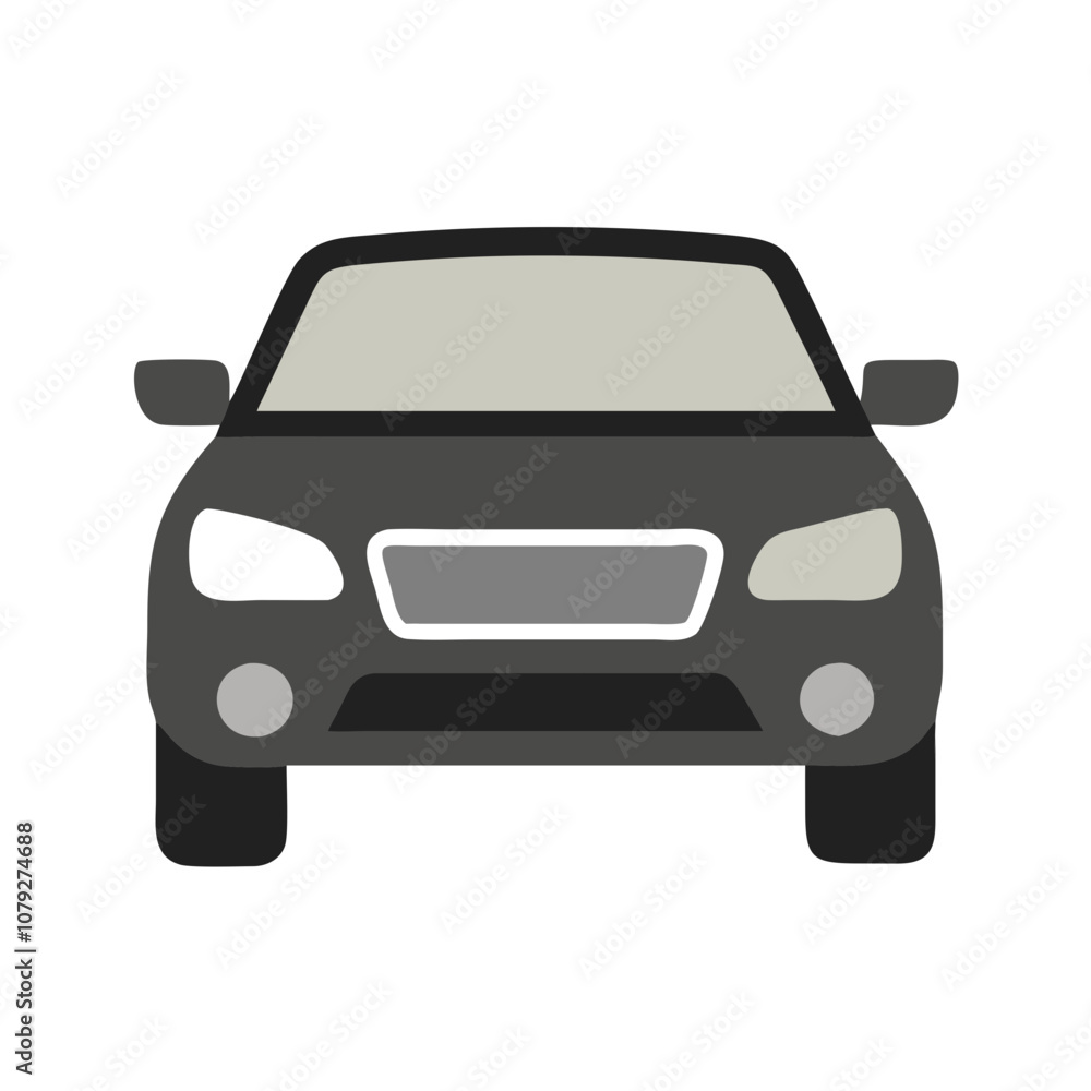 Poster stylized vector icon depicting the front view of a modern car with a streamlined design and simplist