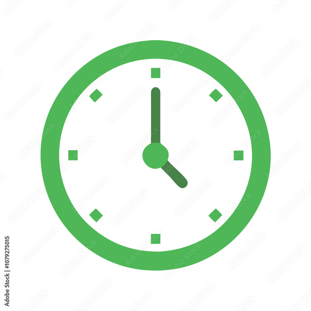 Poster simple vector icon of a green clock displaying the time with hour and minute hands, suitable for rep