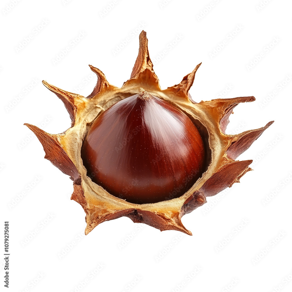 Poster chestnut seed resting within its spiky outer shell isolated on a clean transparent background for de